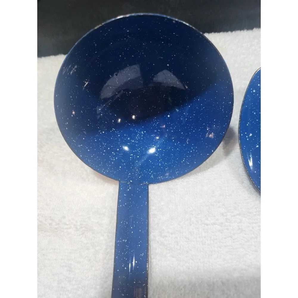 Vintage~Enamel lot~chuckwagon~blue metal splatterware~Skimmer~ Ladle~2 Spoons